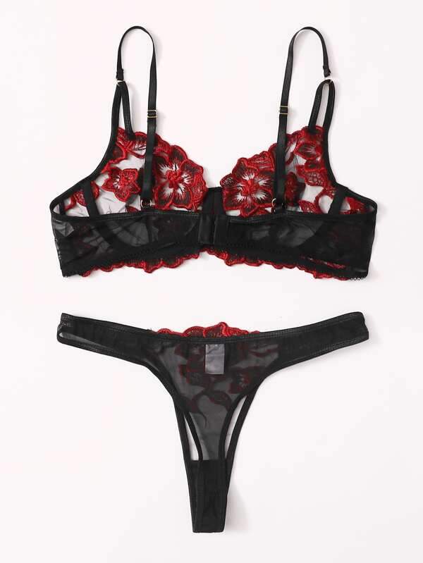 Floral Embroidered Mesh Underwire Lingerie Set - INS | Online Fashion Free Shipping Clothing, Dresses, Tops, Shoes