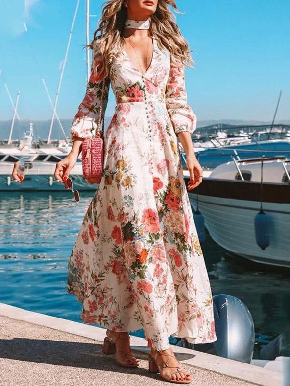 INS Women's Deep V Long Sleeve Floral Print Dress - Maxi Dresses - INS | Online Fashion Free Shipping Clothing, Dresses, Tops, Shoes - 04/08/2021 - 40-50 - Category_Maxi Dresses
