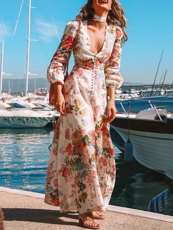 INS Women's Deep V Long Sleeve Floral Print Dress - Maxi Dresses - INS | Online Fashion Free Shipping Clothing, Dresses, Tops, Shoes - 04/08/2021 - 40-50 - Category_Maxi Dresses