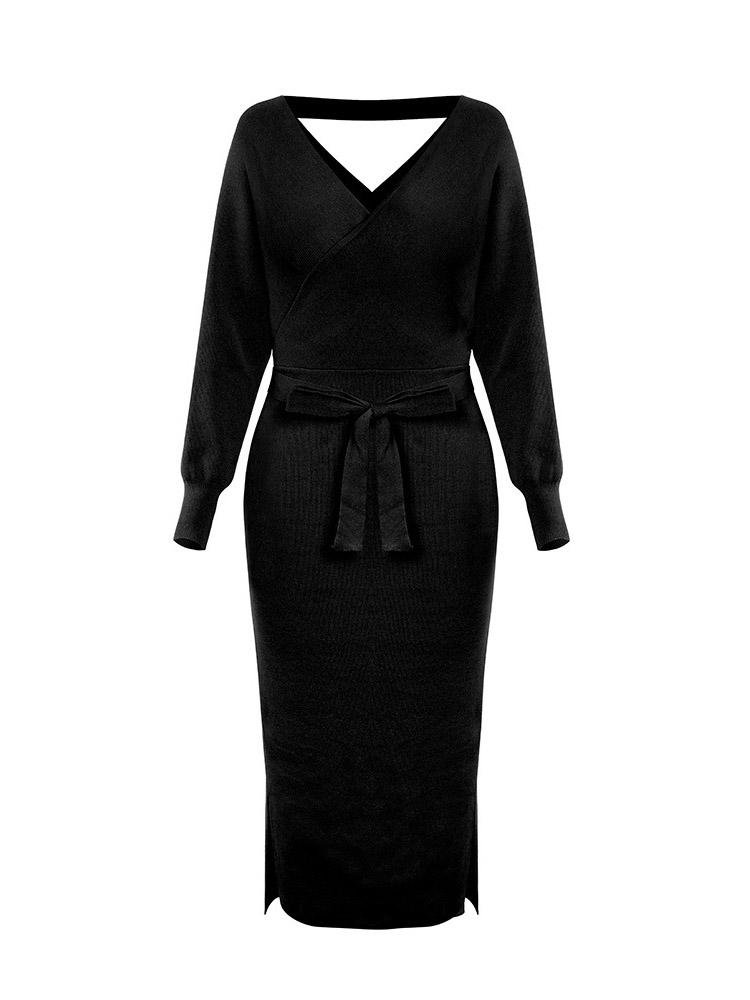 INS Women's Deep V-Neck Long Sleeve Split Dress - Midi Dresses - INS | Online Fashion Free Shipping Clothing, Dresses, Tops, Shoes - 04/08/2021 - 40-50 - Category_Midi Dresses