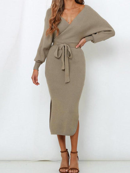 INS Women's Deep V-Neck Long Sleeve Split Dress - Midi Dresses - INS | Online Fashion Free Shipping Clothing, Dresses, Tops, Shoes - 04/08/2021 - 40-50 - Category_Midi Dresses