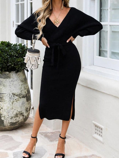 INS Women's Deep V-Neck Long Sleeve Split Dress - Midi Dresses - INS | Online Fashion Free Shipping Clothing, Dresses, Tops, Shoes - 04/08/2021 - 40-50 - Category_Midi Dresses