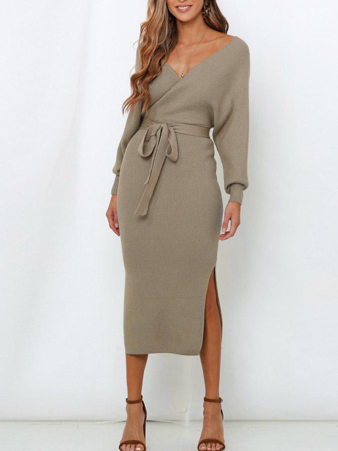 INS Women's Deep V-Neck Long Sleeve Split Dress - Midi Dresses - INS | Online Fashion Free Shipping Clothing, Dresses, Tops, Shoes - 04/08/2021 - 40-50 - Category_Midi Dresses