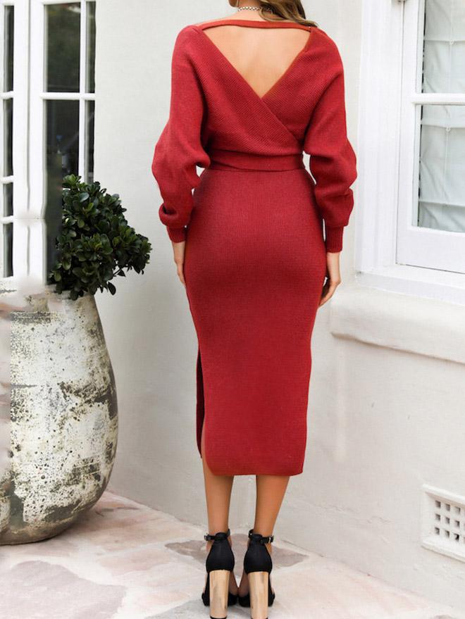 INS Women's Deep V-Neck Long Sleeve Split Dress - Midi Dresses - INS | Online Fashion Free Shipping Clothing, Dresses, Tops, Shoes - 04/08/2021 - 40-50 - Category_Midi Dresses