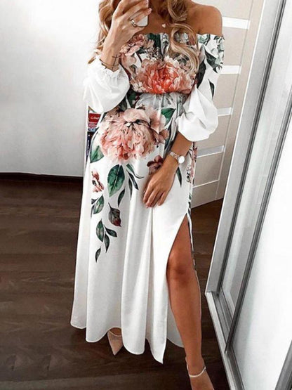 INS Women's Floral One-Shoulder Long Sleeve Split Dress - Maxi Dresses - INS | Online Fashion Free Shipping Clothing, Dresses, Tops, Shoes - 07/08/2021 - 40-50 - Category_Maxi Dresses