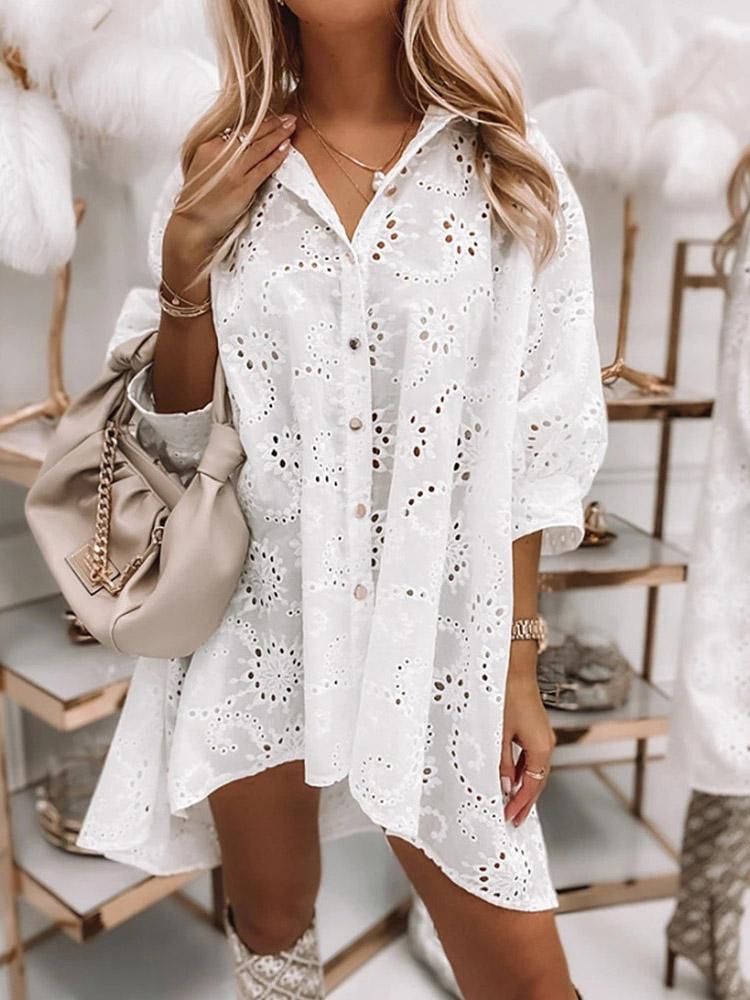 INS Women's Hollow Single-Breasted Three-Quarter Sleeve Shirt Dress - Mini Dresses - INS | Online Fashion Free Shipping Clothing, Dresses, Tops, Shoes - 03/08/2021 - 40-50 - Category_Mini Dresses