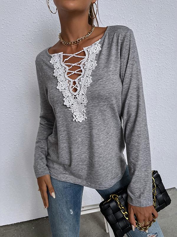 INS Women's Lace V-Neck Long Sleeve Casual T-Shirt - T-Shirts - INS | Online Fashion Free Shipping Clothing, Dresses, Tops, Shoes - 06/08/2021 - 20-30 - Category_T-Shirts