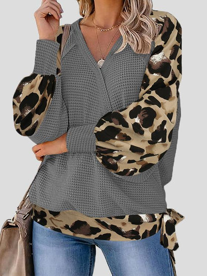 INS Women's Leopard Print Stitching Lantern Sleeve V Neck T-Shirts - T-Shirts - INS | Online Fashion Free Shipping Clothing, Dresses, Tops, Shoes - 07/08/2021 - 20-30 - Apricot