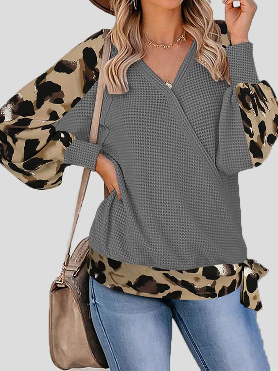 INS Women's Leopard Print Stitching Lantern Sleeve V Neck T-Shirts - T-Shirts - INS | Online Fashion Free Shipping Clothing, Dresses, Tops, Shoes - 07/08/2021 - 20-30 - Apricot