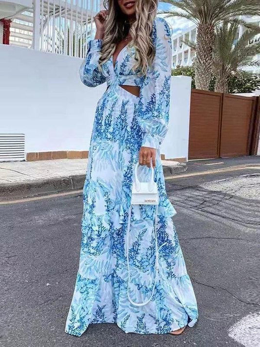 INS Women's Long Sleeve Printed Hollow Ruffled Dress - Maxi Dresses - INS | Online Fashion Free Shipping Clothing, Dresses, Tops, Shoes - 02/08/2021 - 30-40 - Category_Maxi Dresses