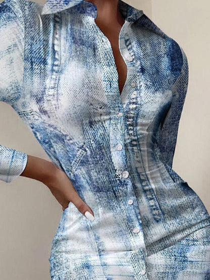 INS Women's Long Sleeve V-Neck Printed Shirt Dress - Midi Dresses - INS | Online Fashion Free Shipping Clothing, Dresses, Tops, Shoes - 02/08/2021 - 20-30 - Category_Midi Dresses