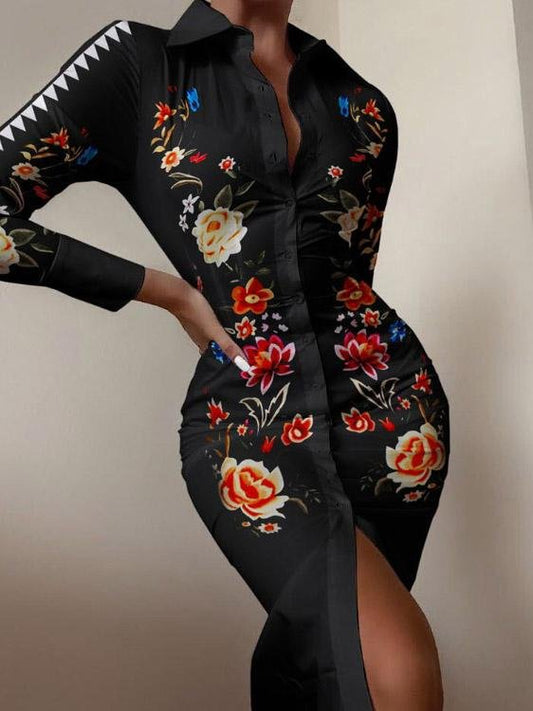 INS Women's Long Sleeve V-Neck Printed Shirt Dress - Midi Dresses - INS | Online Fashion Free Shipping Clothing, Dresses, Tops, Shoes - 02/08/2021 - 20-30 - Category_Midi Dresses