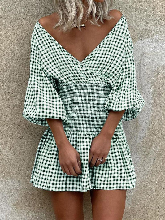 INS Women's Off Shoulder Plaid V-Neck Mini Dress - Mini Dresses - INS | Online Fashion Free Shipping Clothing, Dresses, Tops, Shoes - 02/08/2021 - 30-40 - Category_Mini Dresses