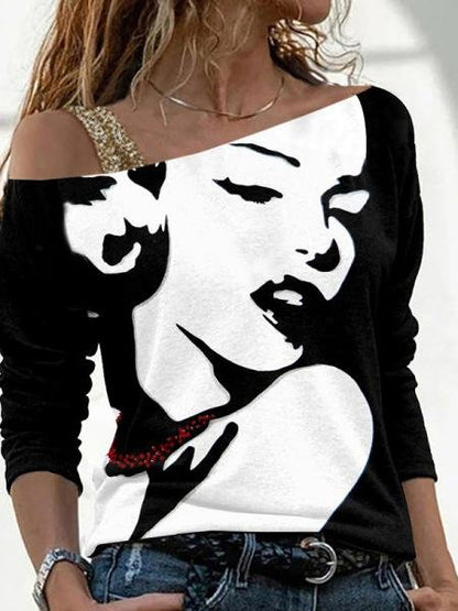 INS Women's Portrait Print Diagonal Collar Long Sleeve T-Shirts - T-Shirts - INS | Online Fashion Free Shipping Clothing, Dresses, Tops, Shoes - 05/08/2021 - 20-30 - Category_T-Shirts
