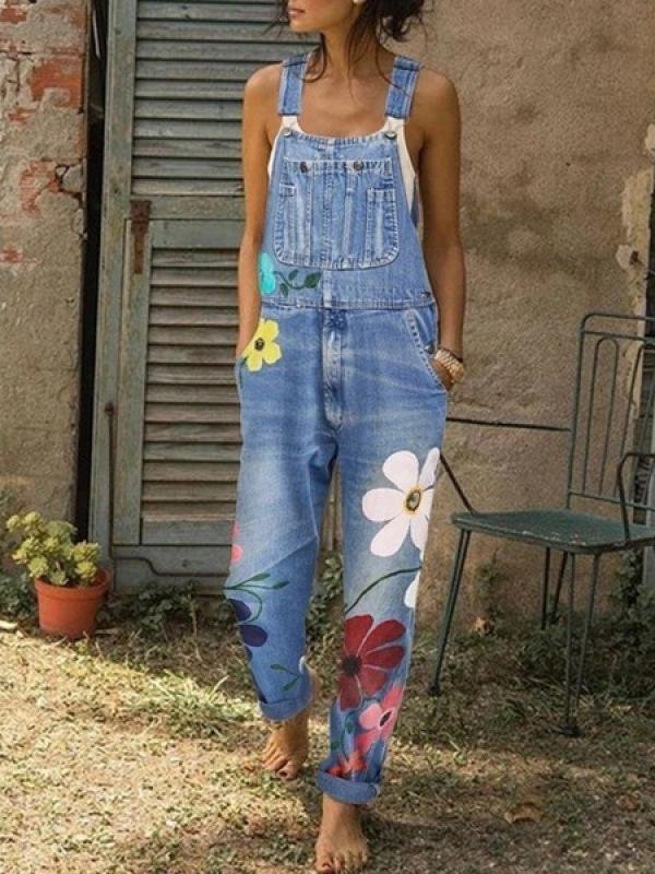 INS Women's Printed Sling Pockets Denim Jumpsuit - Jumpsuits & Rompers - INS | Online Fashion Free Shipping Clothing, Dresses, Tops, Shoes - 06/08/2021 - 40-50 - Bottom