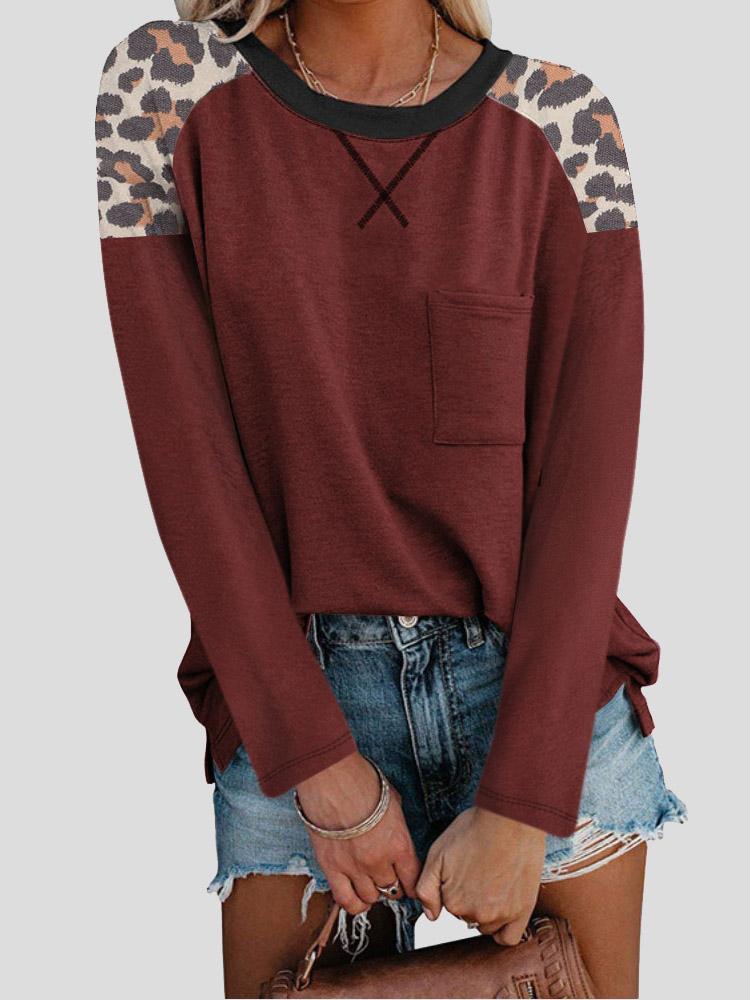 INS Women's Round Neck Leopard Print Stitching Pocket Long Sleeve T-Shirt - T-Shirts - INS | Online Fashion Free Shipping Clothing, Dresses, Tops, Shoes - 04/08/2021 - 20-30 - Category_T-Shirts