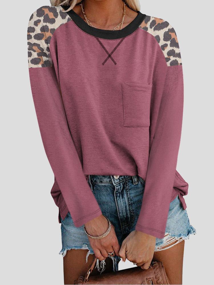 INS Women's Round Neck Leopard Print Stitching Pocket Long Sleeve T-Shirt - T-Shirts - INS | Online Fashion Free Shipping Clothing, Dresses, Tops, Shoes - 04/08/2021 - 20-30 - Category_T-Shirts