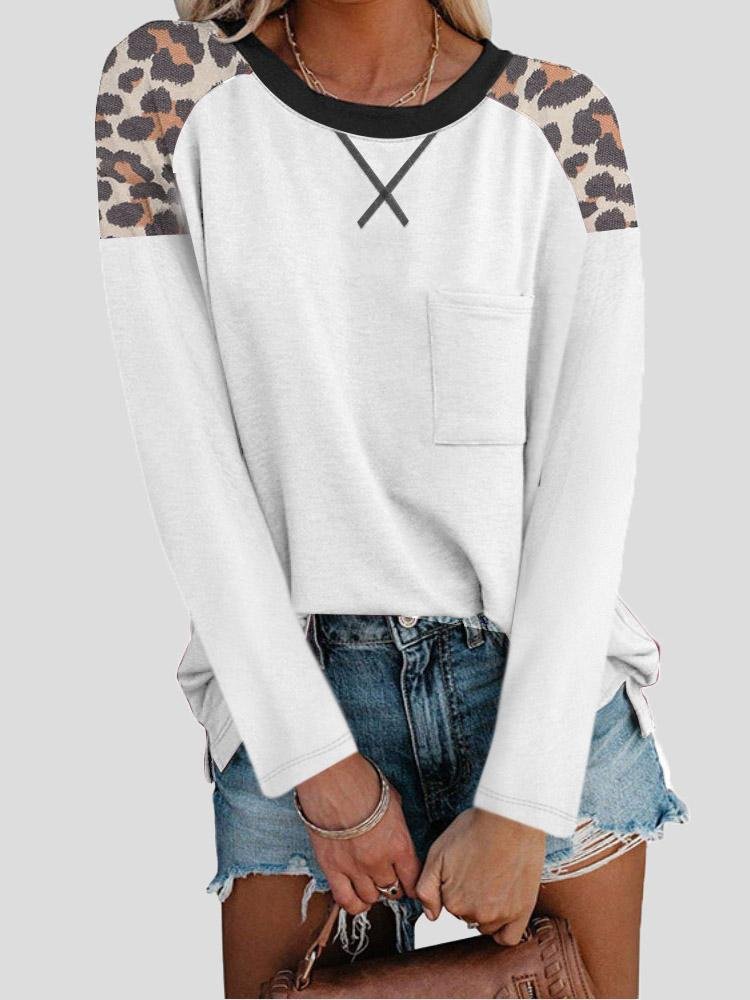 INS Women's Round Neck Leopard Print Stitching Pocket Long Sleeve T-Shirt - T-Shirts - INS | Online Fashion Free Shipping Clothing, Dresses, Tops, Shoes - 04/08/2021 - 20-30 - Category_T-Shirts