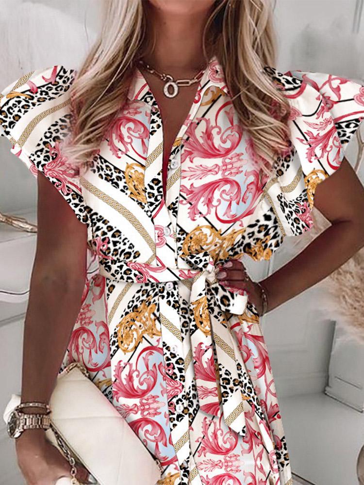 INS Women's Ruffled Short Sleeve V-Neck Button Printed Dress - Midi Dresses - INS | Online Fashion Free Shipping Clothing, Dresses, Tops, Shoes - 02/08/2021 - 20-30 - Category_Midi Dresses