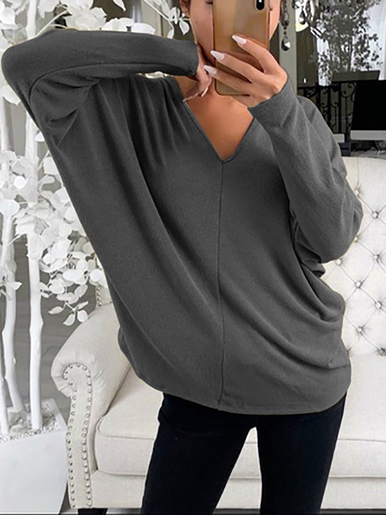 INS Women's Simple V-Neck Off-Shoulder Long Sleeve T-Shirt - T-Shirts - INS | Online Fashion Free Shipping Clothing, Dresses, Tops, Shoes - 03/08/2021 - 10-20 - Category_T-Shirts