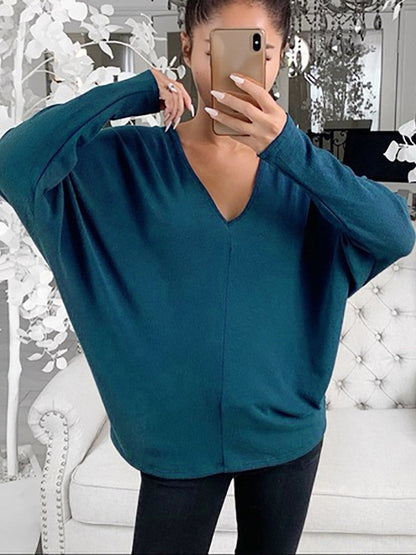 INS Women's Simple V-Neck Off-Shoulder Long Sleeve T-Shirt - T-Shirts - INS | Online Fashion Free Shipping Clothing, Dresses, Tops, Shoes - 03/08/2021 - 10-20 - Category_T-Shirts
