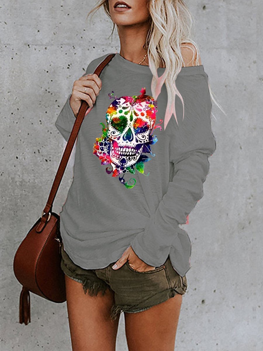 INS Women's Skull Print Long Sleeve Casual T-Shirt - T-Shirts - INS | Online Fashion Free Shipping Clothing, Dresses, Tops, Shoes - 06/08/2021 - 20-30 - Category_T-Shirts