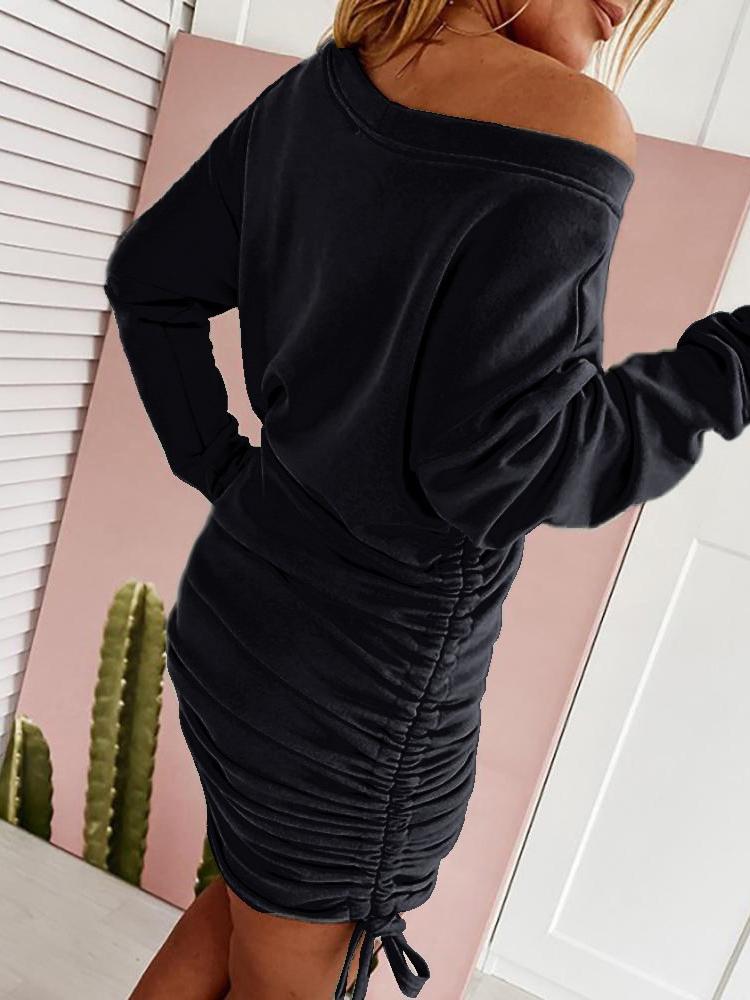 INS Women's Slanted Shoulder Drawstring Folds Long Sleeve Dress - Mini Dresses - INS | Online Fashion Free Shipping Clothing, Dresses, Tops, Shoes - 06/08/2021 - 20-30 - Category_Mini Dresses