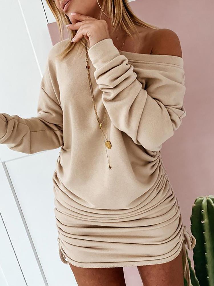 INS Women's Slanted Shoulder Drawstring Folds Long Sleeve Dress - Mini Dresses - INS | Online Fashion Free Shipping Clothing, Dresses, Tops, Shoes - 06/08/2021 - 20-30 - Category_Mini Dresses