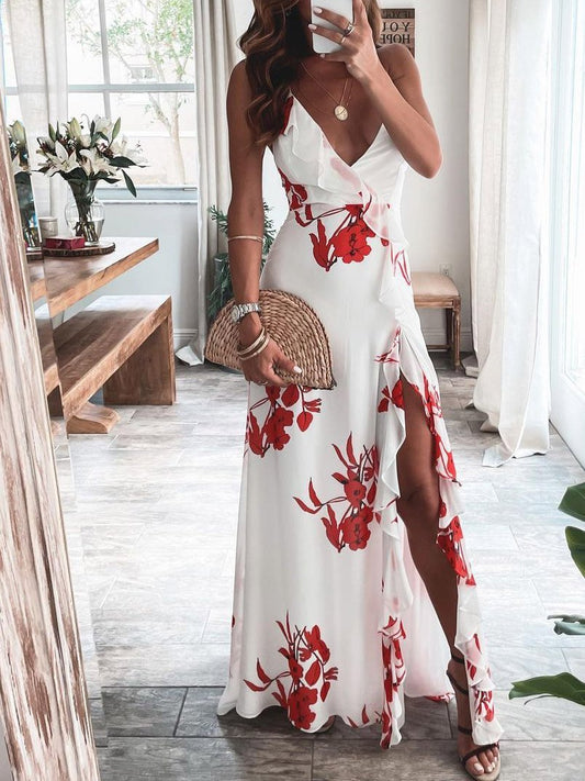 INS Women's Strap Floral Print Split Ruffle Dress - Maxi Dresses - INS | Online Fashion Free Shipping Clothing, Dresses, Tops, Shoes - 02/08/2021 - 30-40 - Category_Maxi Dresses