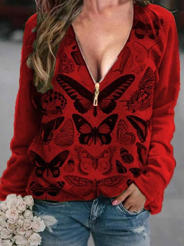 INS Women's V-Neck Butterfly Print Zipper Long Sleeve T-Shirt - T-Shirts - INS | Online Fashion Free Shipping Clothing, Dresses, Tops, Shoes - 04/08/2021 - 10-20 - Category_T-Shirts