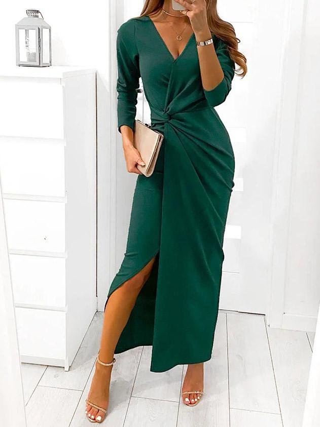 INS Women's V-Neck Long Sleeve Split Evening Dress - Maxi Dresses - INS | Online Fashion Free Shipping Clothing, Dresses, Tops, Shoes - 03/08/2021 - 20-30 - Category_Maxi Dresses