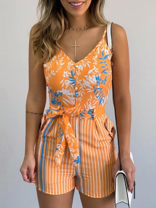 INS Women's V-Neck Sling Leaf Print Lace-Up Jumpsuit - Jumpsuits & Rompers - INS | Online Fashion Free Shipping Clothing, Dresses, Tops, Shoes - 02/08/2021 - 20-30 - Bottom