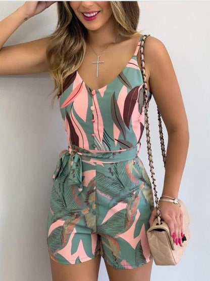 INS Women's V-Neck Sling Leaf Print Lace-Up Jumpsuit - Jumpsuits & Rompers - INS | Online Fashion Free Shipping Clothing, Dresses, Tops, Shoes - 02/08/2021 - 20-30 - Bottom