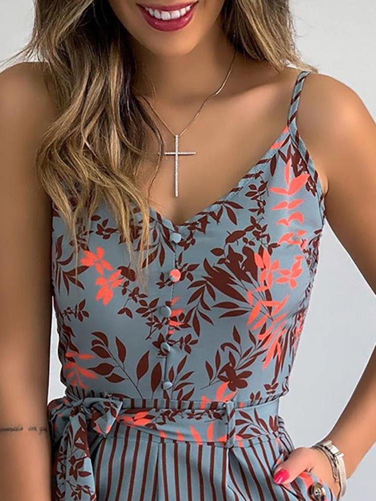 INS Women's V-Neck Sling Leaf Print Lace-Up Jumpsuit - Jumpsuits & Rompers - INS | Online Fashion Free Shipping Clothing, Dresses, Tops, Shoes - 02/08/2021 - 20-30 - Bottom