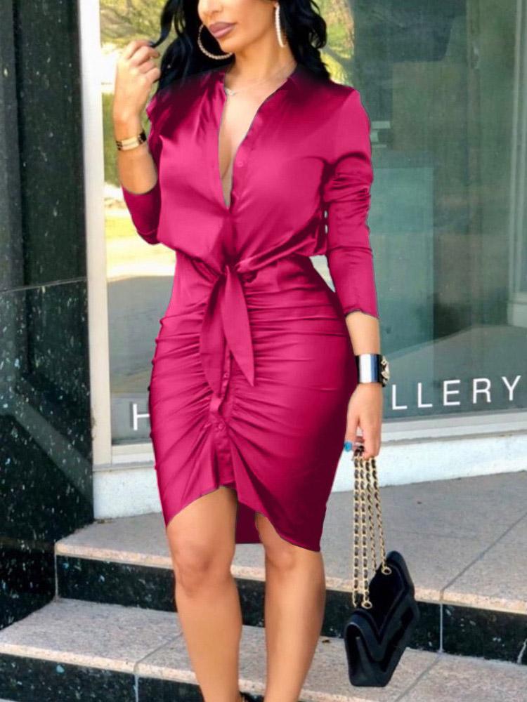 INS Women's V-Neck Tie Long Sleeve Solid Shirt Dress - Midi Dresses - INS | Online Fashion Free Shipping Clothing, Dresses, Tops, Shoes - 02/08/2021 - 20-30 - Category_Midi Dresses