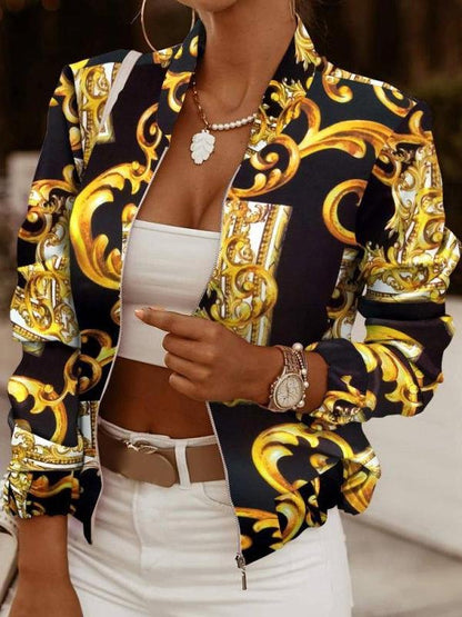 Women's Jackets Zip Embellished Printed Long Sleeve Jacket - MsDressly