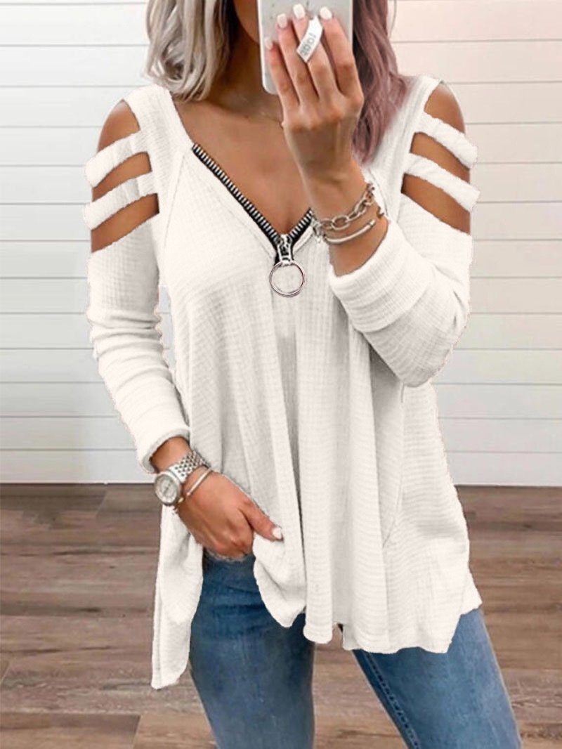 INS Women's Zipper Off Shoulder Long Sleeve T-Shirts - T-Shirts - INS | Online Fashion Free Shipping Clothing, Dresses, Tops, Shoes - 04/08/2021 - 20-30 - Category_T-Shirts