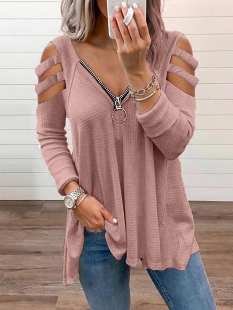 INS Women's Zipper Off Shoulder Long Sleeve T-Shirts - T-Shirts - INS | Online Fashion Free Shipping Clothing, Dresses, Tops, Shoes - 04/08/2021 - 20-30 - Category_T-Shirts