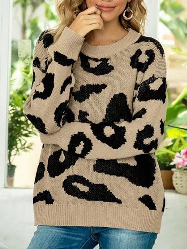 Leopard Drop Shoulder Loose Jumper Sweater - Sweaters - INS | Online Fashion Free Shipping Clothing, Dresses, Tops, Shoes - 02/07/2021 - Autumn - Casual