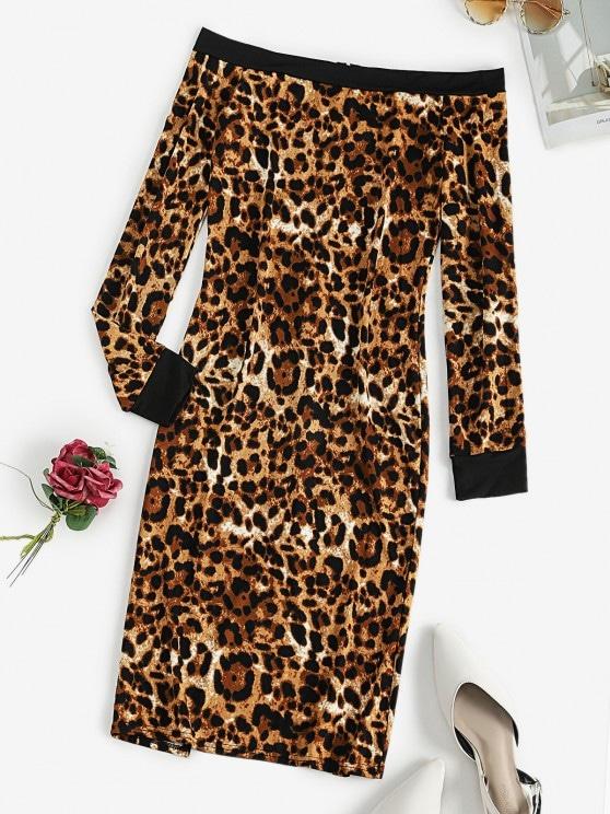 Leopard Full Zip Off Shoulder Long Sleeve Dress - INS | Online Fashion Free Shipping Clothing, Dresses, Tops, Shoes