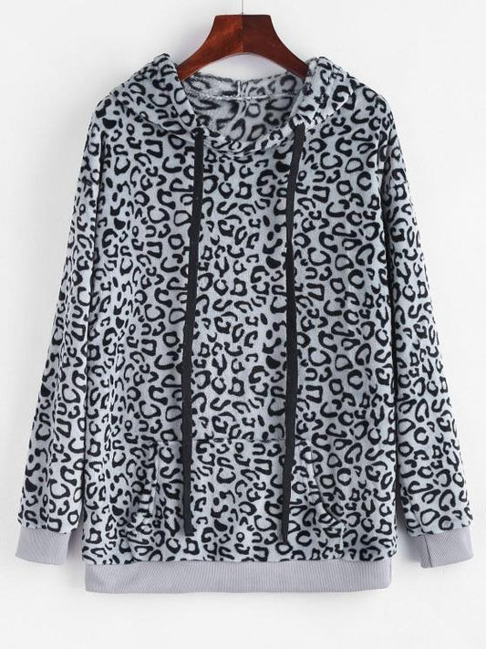 Leopard Kangaroo Pocket Plush Faux Fur Hoodie - INS | Online Fashion Free Shipping Clothing, Dresses, Tops, Shoes