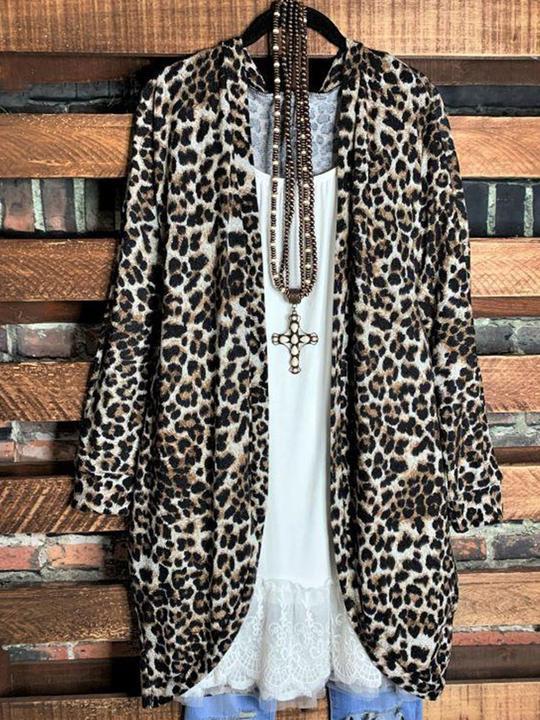 Leopard Long Sleeve Cotton-Blend Leopard Shift Outerwear - INS | Online Fashion Free Shipping Clothing, Dresses, Tops, Shoes