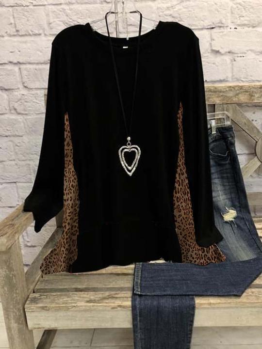 Leopard Long Sleeve Lightweight Cotton-Blend Crew Neck Casual Winter Black Top - INS | Online Fashion Free Shipping Clothing, Dresses, Tops, Shoes