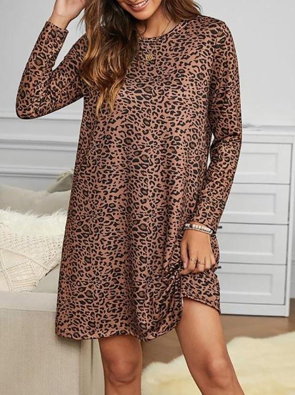 Leopard Long Sleeve Tee Dress - Dresses - INS | Online Fashion Free Shipping Clothing, Dresses, Tops, Shoes - 01/30/2021 - Autumn - Casual Dresses
