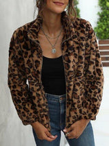 Leopard Pocket Fluffy Zip Up Jacket - Jackets - INS | Online Fashion Free Shipping Clothing, Dresses, Tops, Shoes - 02/05/2021 - Casual - Deep Coffee