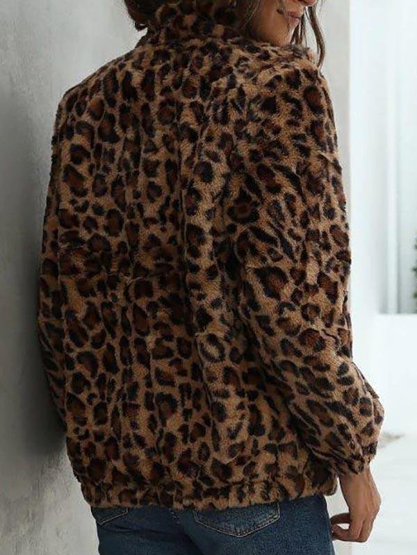 Leopard Pocket Fluffy Zip Up Jacket - Jackets - INS | Online Fashion Free Shipping Clothing, Dresses, Tops, Shoes - 02/05/2021 - Casual - Deep Coffee