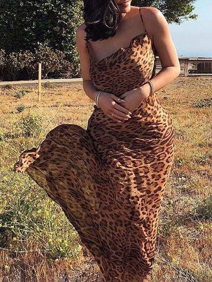 Leopard Print Backless Bodycon Maxi Dress With Straps - Maxi Dresses - INS | Online Fashion Free Shipping Clothing, Dresses, Tops, Shoes - 19/07/2021 - 20-30 - color-brown