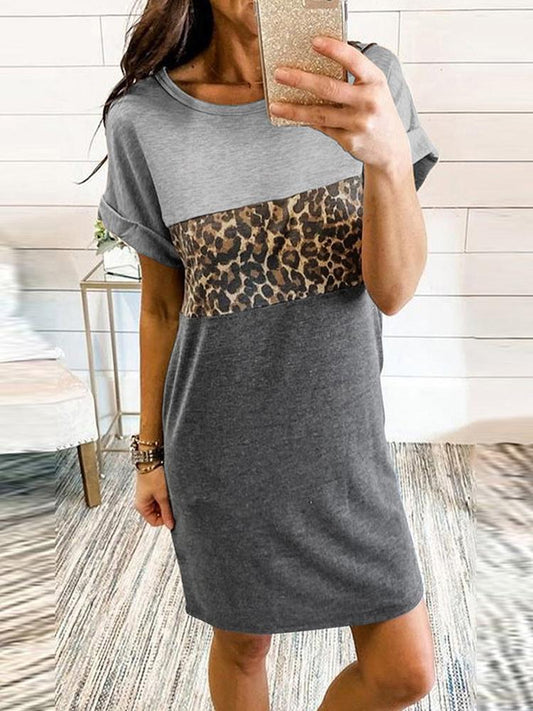 Leopard Print Casual Round Neck Short Sleeve Dress - Mini Dresses - INS | Online Fashion Free Shipping Clothing, Dresses, Tops, Shoes - 20-30 - 28/06/2021 - Category_Mini Dresses