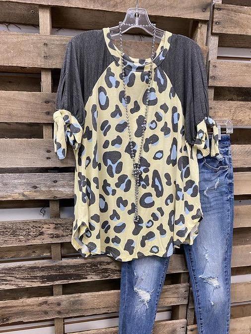Leopard Print Colored Block Splicing Basic T-Shirt - INS | Online Fashion Free Shipping Clothing, Dresses, Tops, Shoes