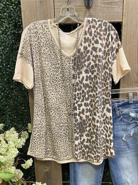 Leopard Print Crew Neck Short Sleeve Cotton-Blend Shirt & Top - INS | Online Fashion Free Shipping Clothing, Dresses, Tops, Shoes